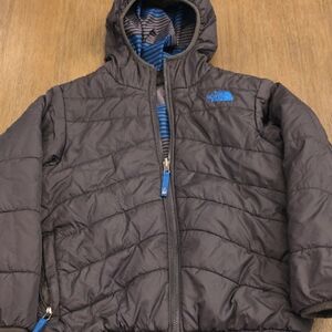 The North Face Charcoal Puffer Jacket with Blue Logo